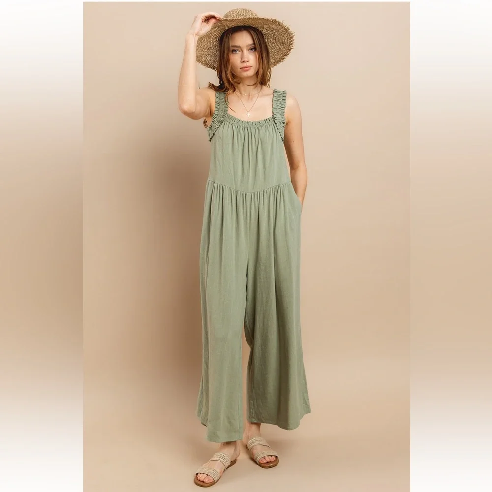 18 Solid Ruffle Strap Wide Leg Jumpsuit - Picture 5 of 9